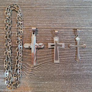 4 Piece Stainless Steel Cross Pendant and Chain Set